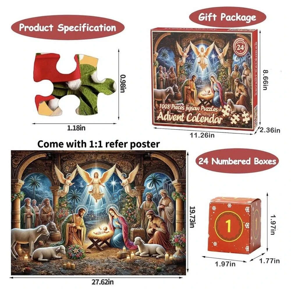 Advent Calendar 2025 Jigsaw Puzzles, 1008 Pieces Nativity Puzzles Countdown Cale